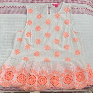Lilly Pulitzer White Top with Neon Orange Floral Design